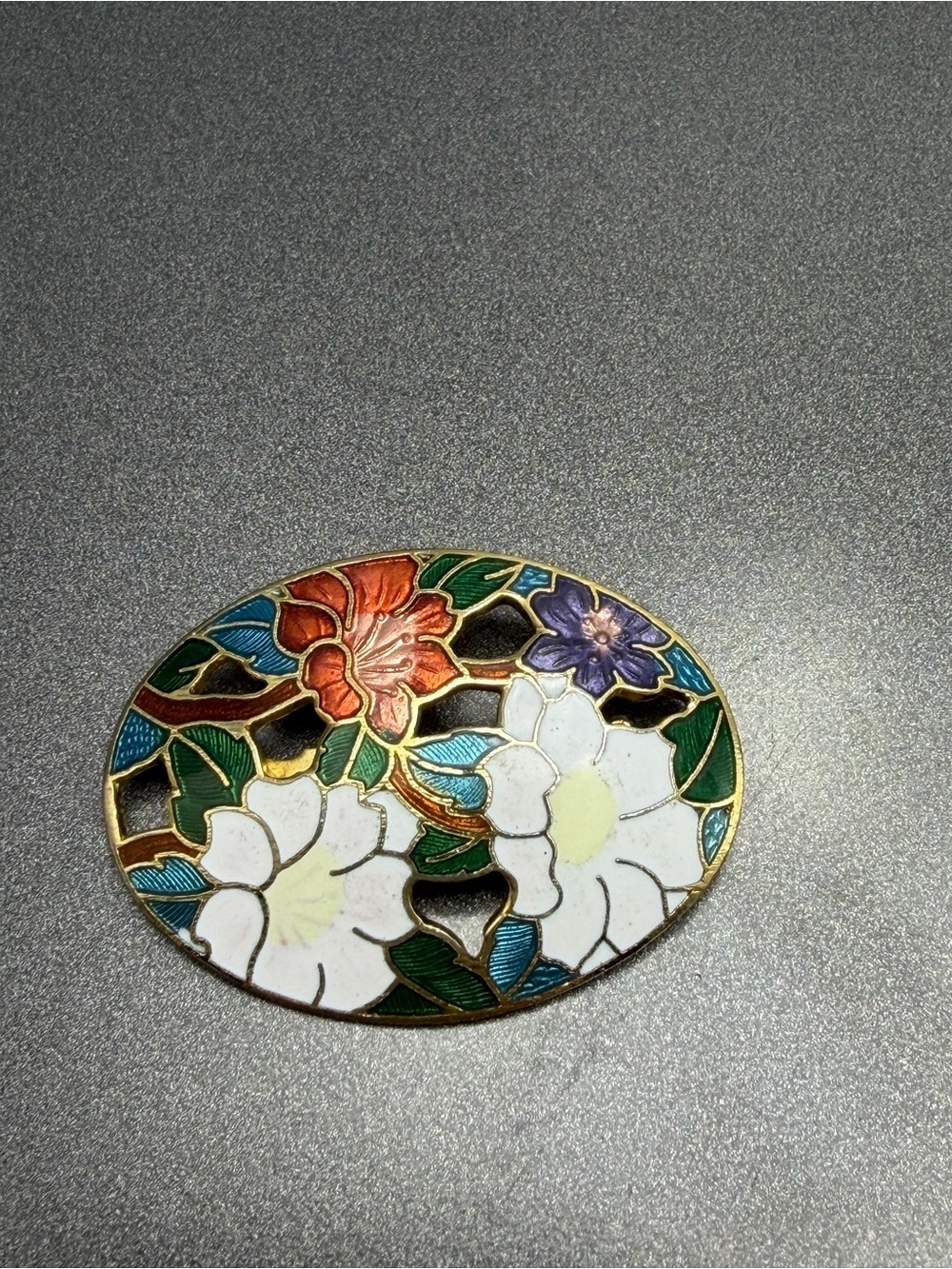 Floral Cloisonné Oval Brooch in White, Orange, Purple & Green #cz533